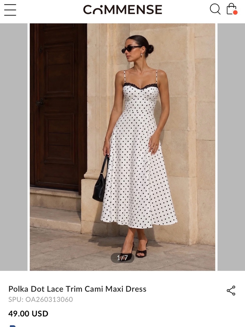 NWT Commense White & Black Polka Dot Lace-Trim Cami Maxi Dress
